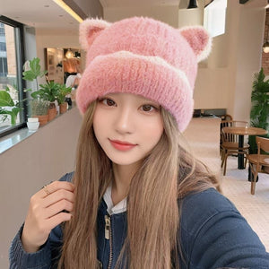 Fuzzy Animal Ear Beanie Pink 3