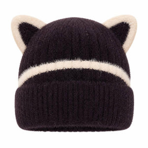 Fuzzy Animal Ear Beanie Black and Cream 1
