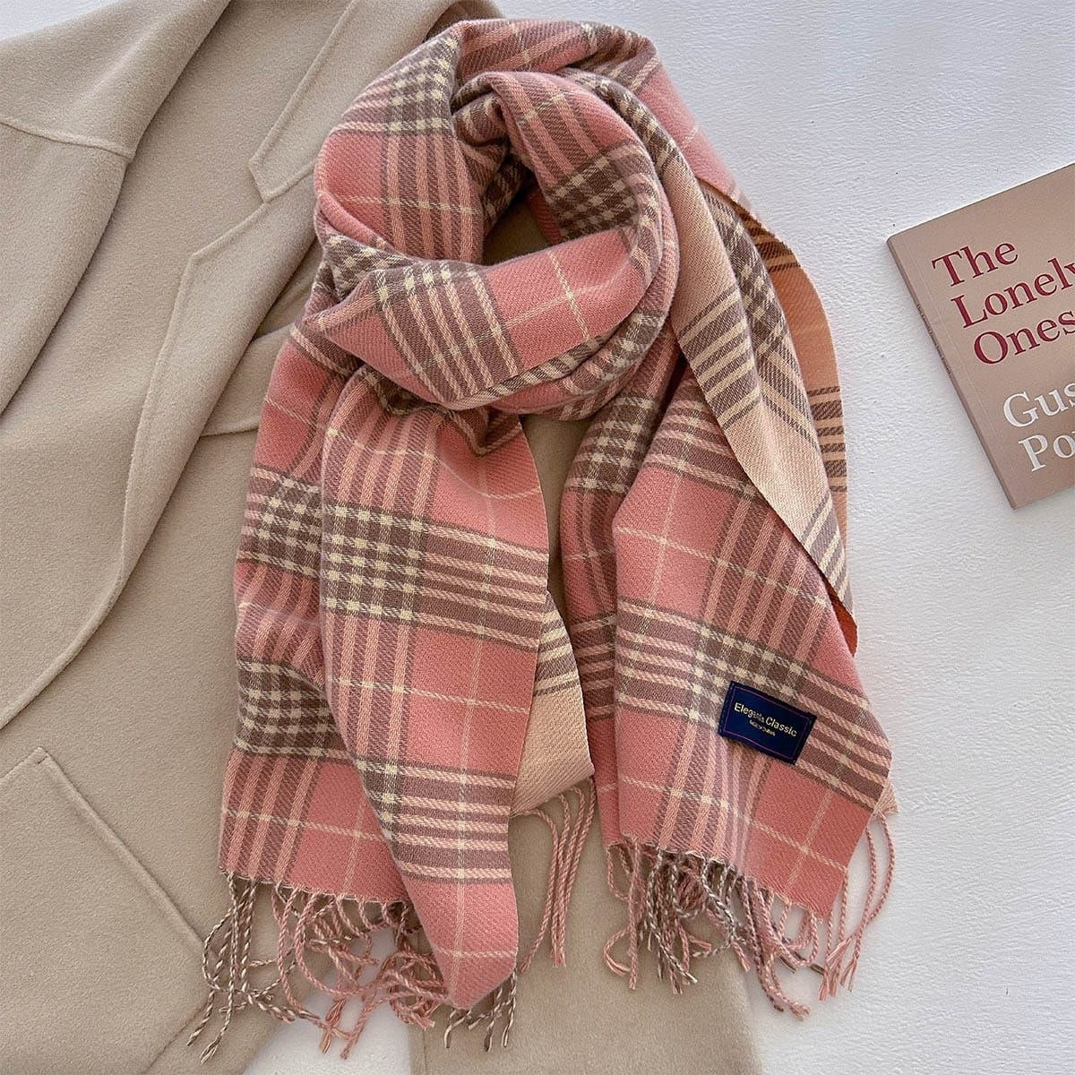 Classic Plaid Fringe Scarf Pink 3