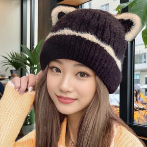 Fuzzy Animal Ear Beanie Black and Cream 3