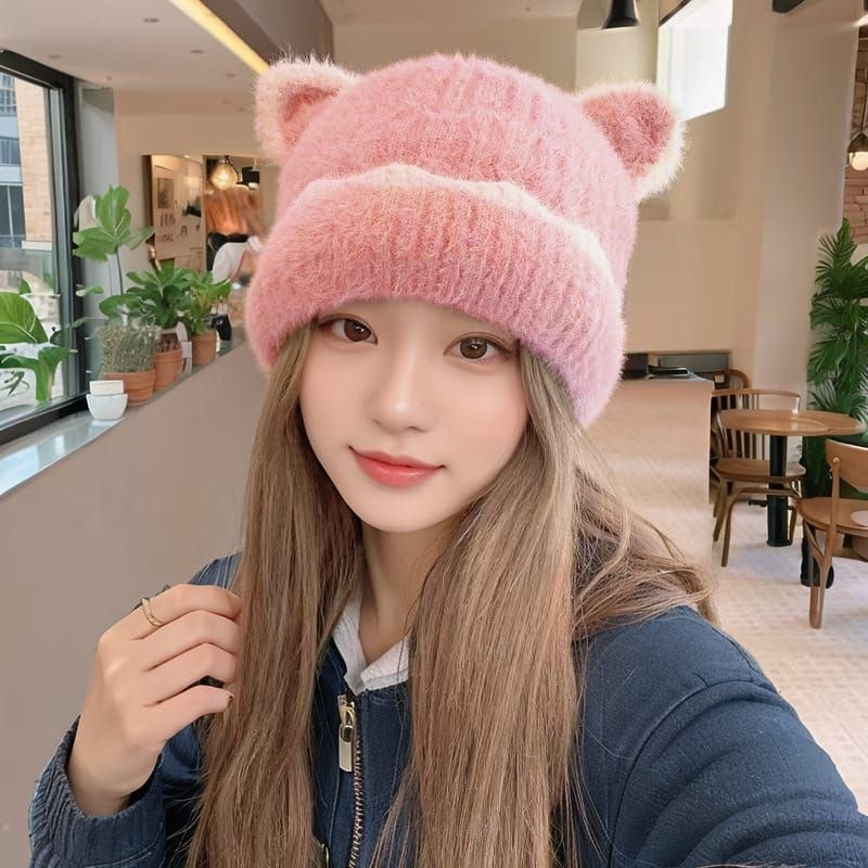 Fuzzy Animal Ear Beanie Pink 3