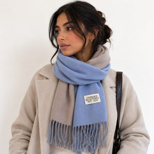 Two-Tone Fringed Scarf Blue/Taupe 2