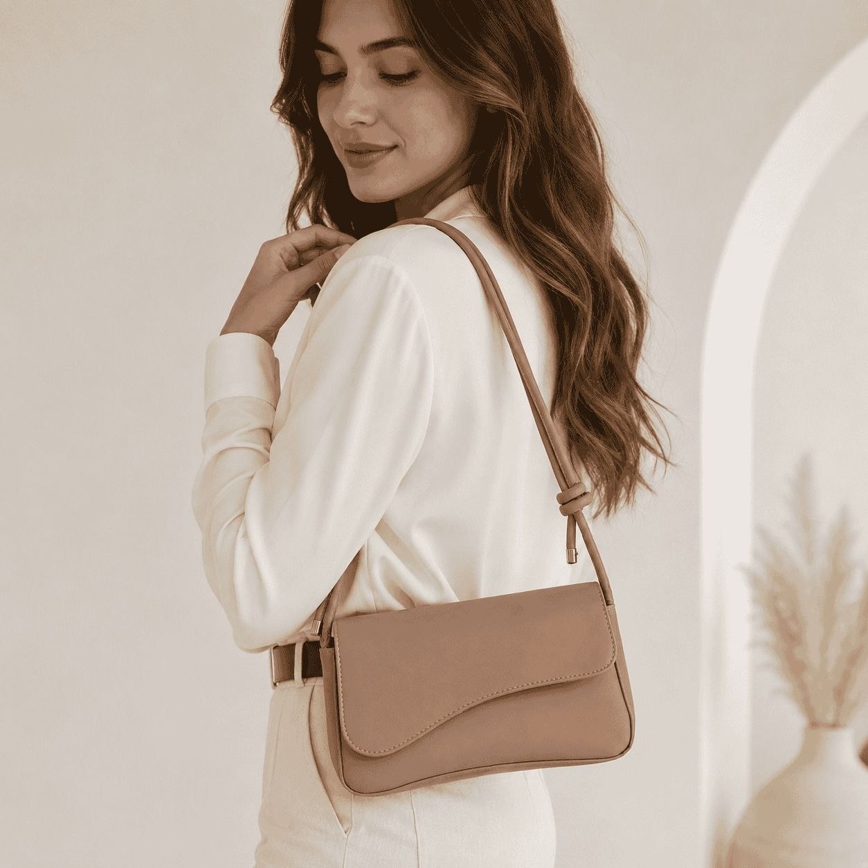 Curved Flap Shoulder Bag Taupe 1