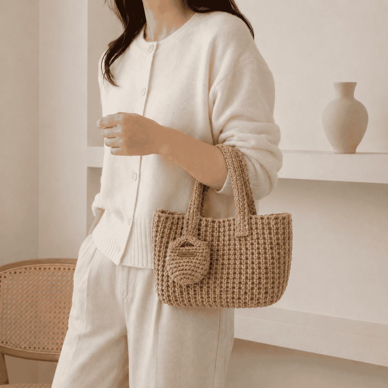 Textured Openwork Tote Bag Mocha Brown 3
