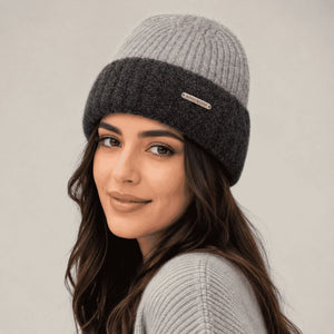 Two-Tone Ribbed Beanie Light Gray and Black 1