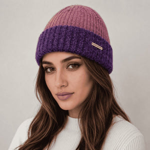 Two-Tone Ribbed Cuff Beanie Pink and Purple 2