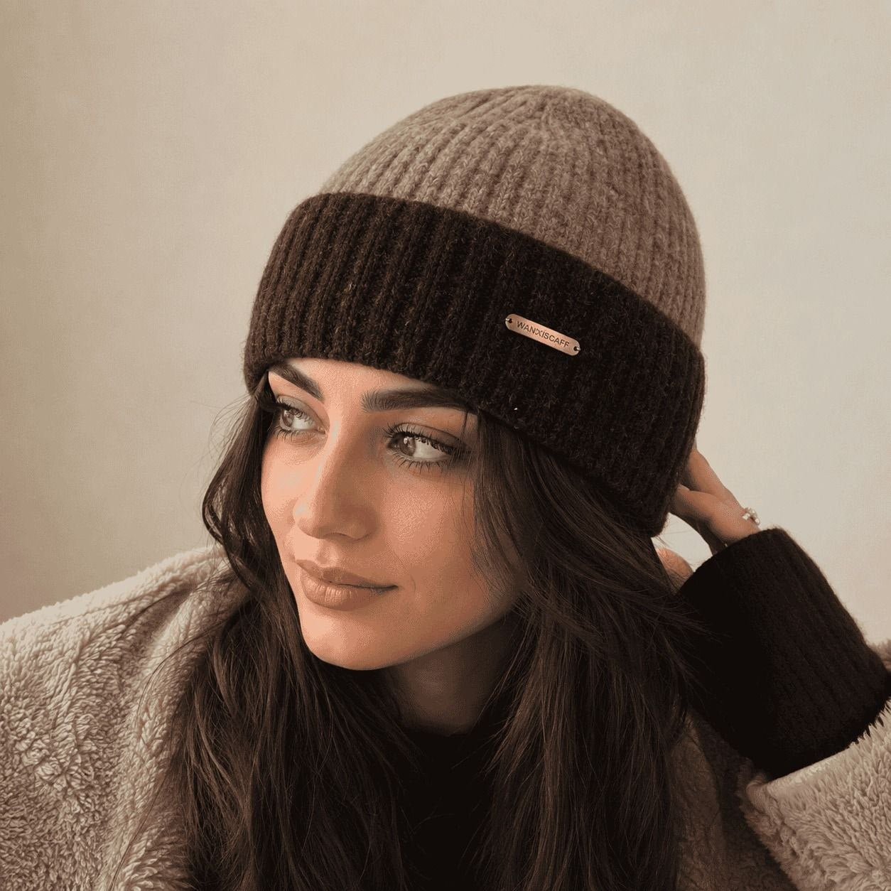 Two-Tone Ribbed Cuff Beanie Taupe and Dark Brown 1