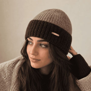 Two-Tone Ribbed Cuff Beanie Taupe and Dark Brown 1