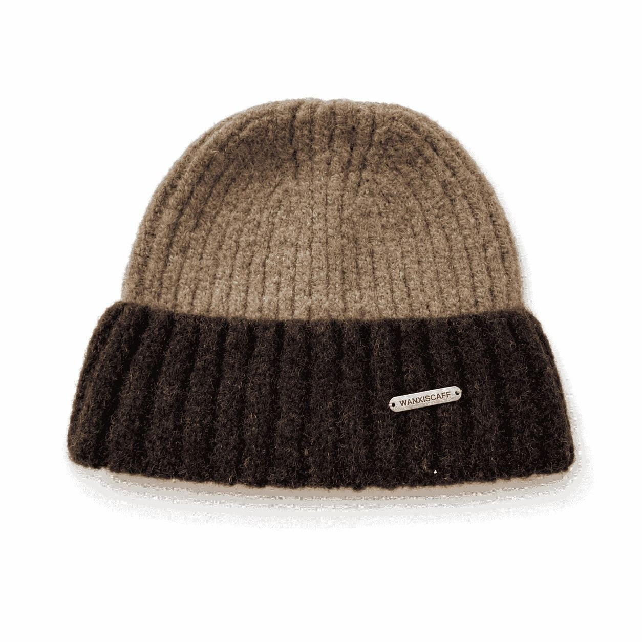 Two-Tone Ribbed Cuff Beanie Taupe and Dark Brown 2