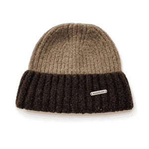 Two-Tone Ribbed Cuff Beanie Taupe and Dark Brown 2