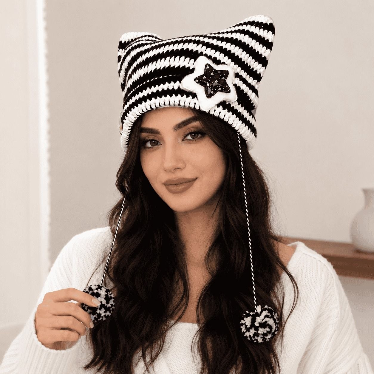 Striped Cat Ear Pom-Pom Beanie 1