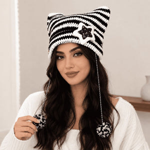 Striped Cat Ear Pom-Pom Beanie 1