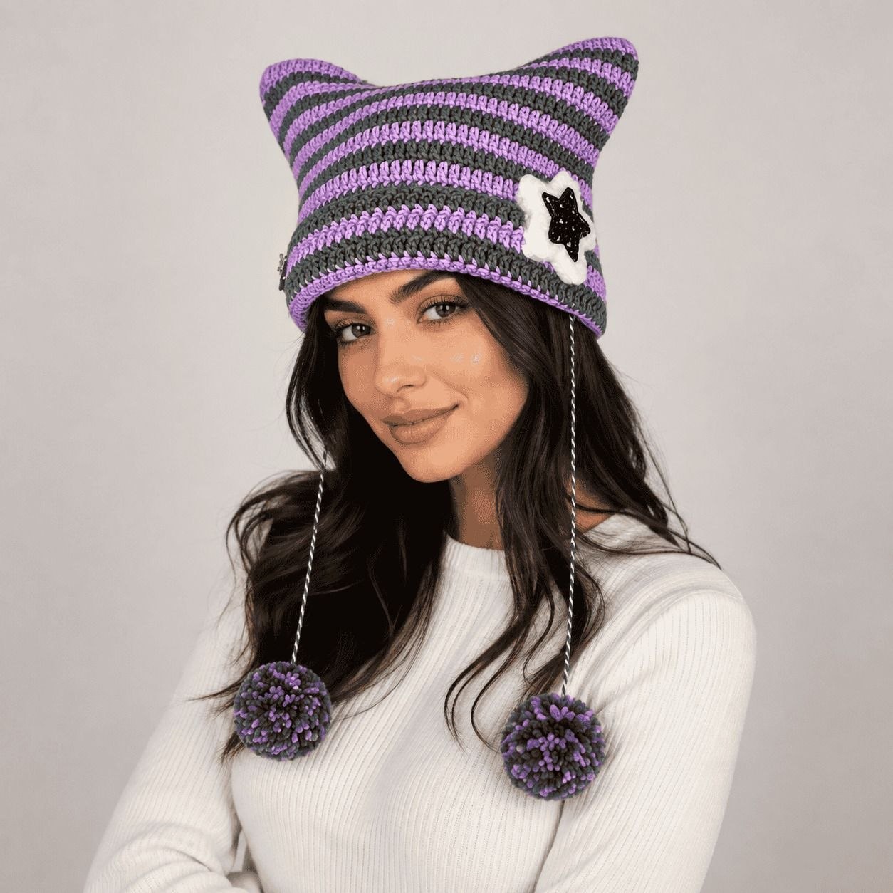 Striped Cat Ear Pom-Pom Beanie Purple & Charcoal 1