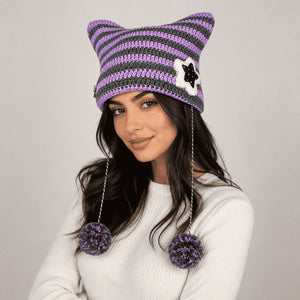 Striped Cat Ear Pom-Pom Beanie Purple & Charcoal 1