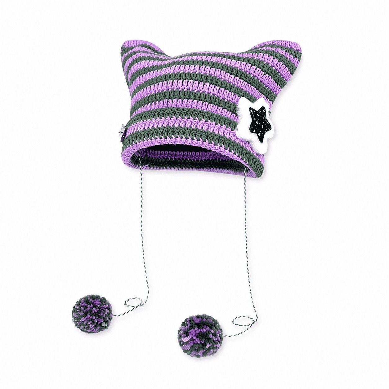 Striped Cat Ear Pom-Pom Beanie Purple & Charcoal 2