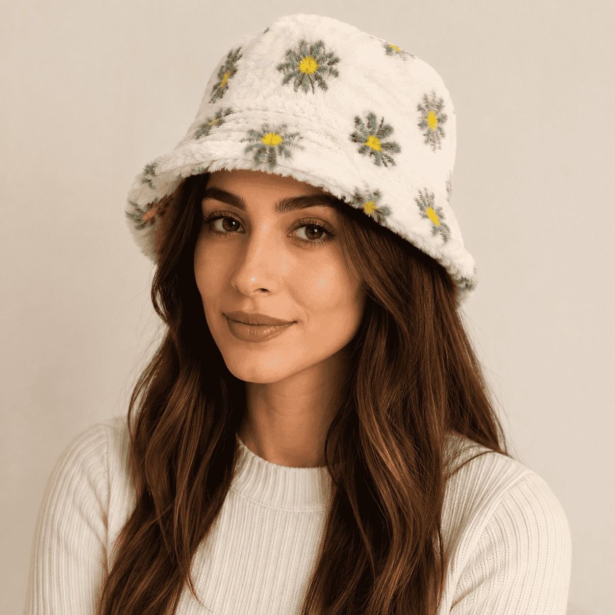 Plush Floral Bucket Hat Cream Floral 1
