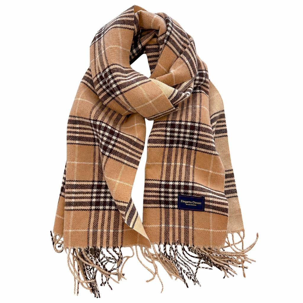 Fringed Plaid Scarf Tan 1