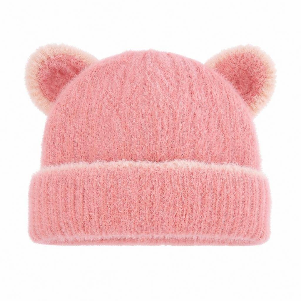 Fuzzy Animal Ear Beanie Pink 1