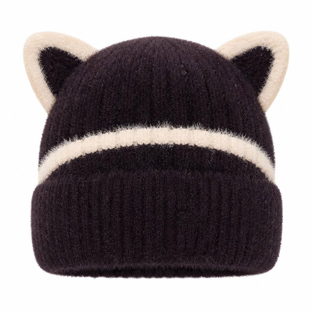 Fuzzy Animal Ear Beanie Black and Cream 1