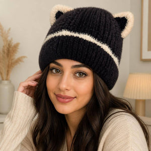 Fuzzy Animal Ear Beanie Black and Cream 2
