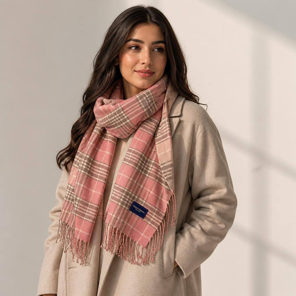 Classic Plaid Fringe Scarf Pink 2