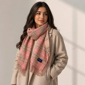 Classic Plaid Fringe Scarf Pink 2