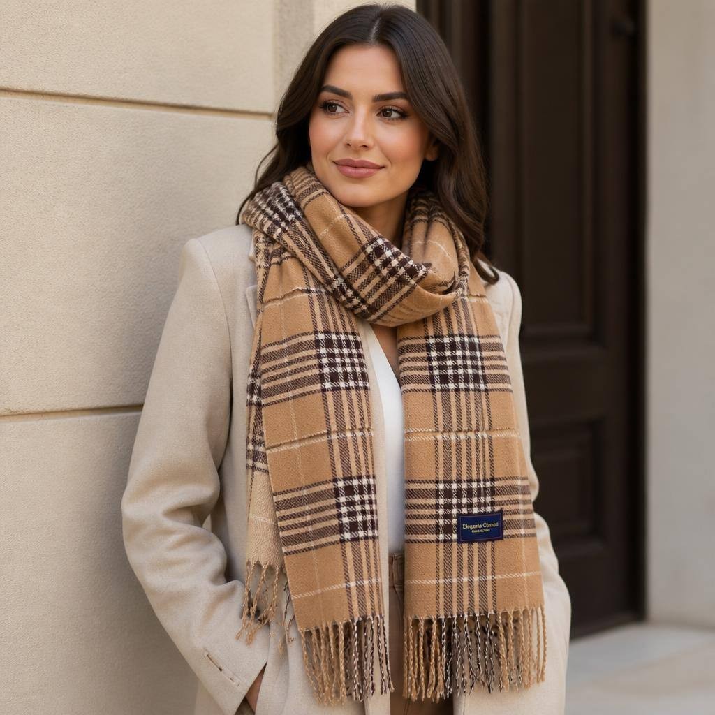 Fringed Plaid Scarf Tan 2