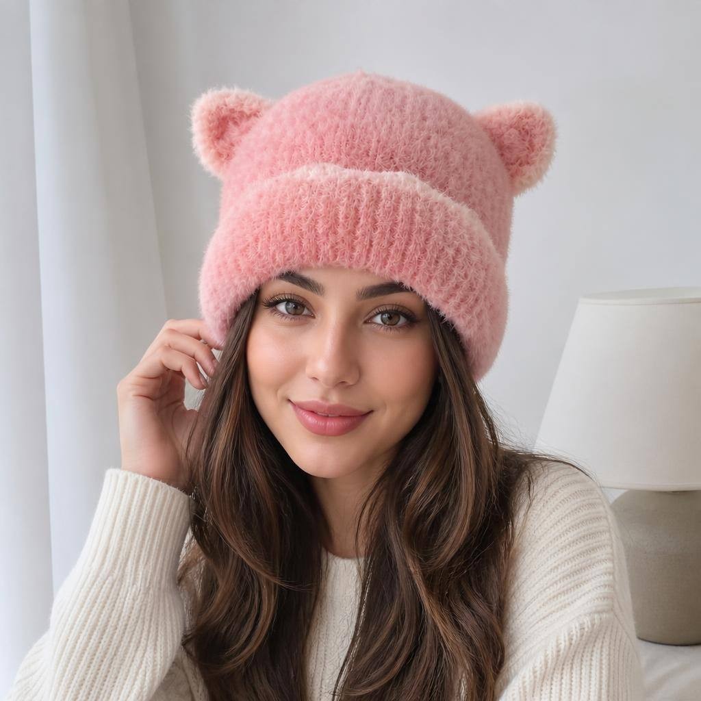 Fuzzy Animal Ear Beanie Pink 2