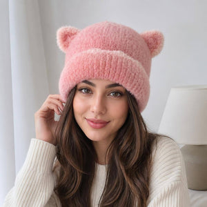 Fuzzy Animal Ear Beanie Pink 2