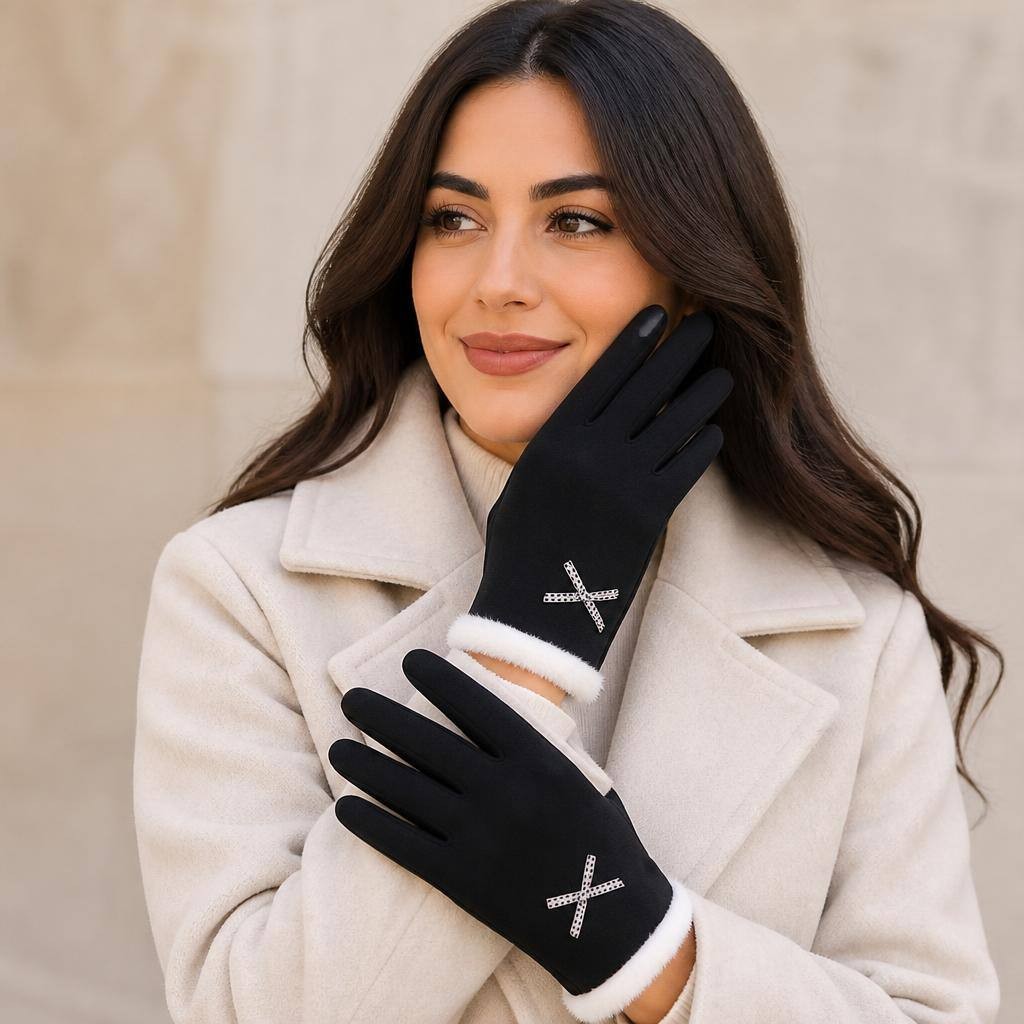Bow Trim Winter Gloves Black 2